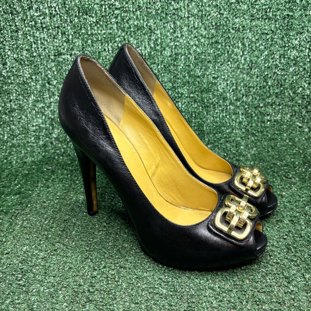 Nine West Jonah Gold Buckle Peep Toe Stiletto Classic Pump Black Womens Size 9.5